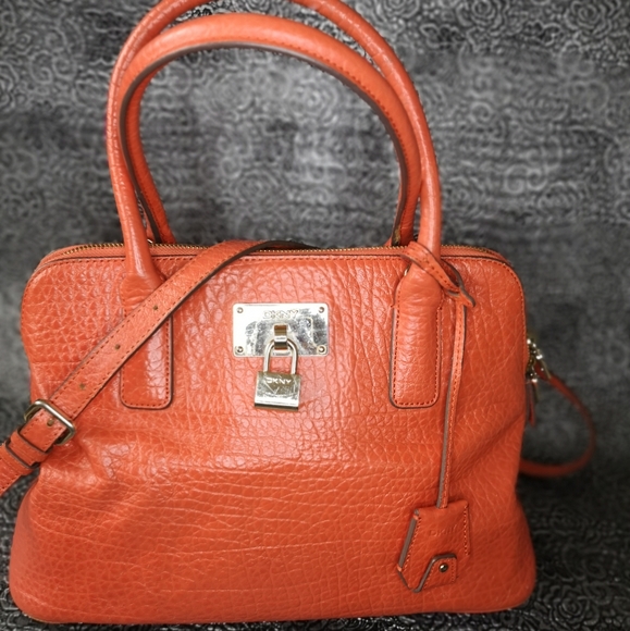 DKNY Orange Leather Dome  /  Satchel with Crossbody Strap - Picture 2 of 16